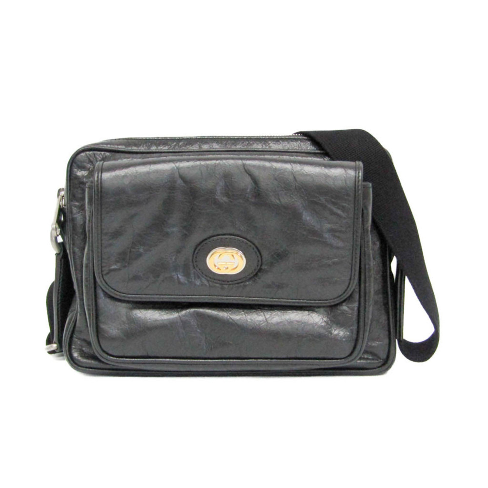 GUCCI Authentic Black Leather Messenger Shoulder Bag